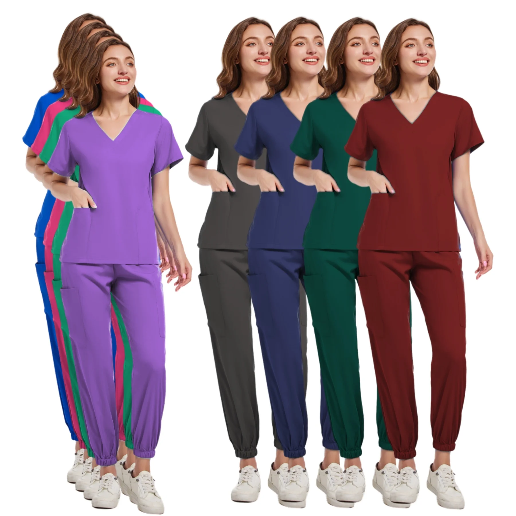 Uniforme de enfermera de manga corta para Mujer, Top con cuello en V, pantalones de Jogger, conjunto médico, uniforme informal de verano