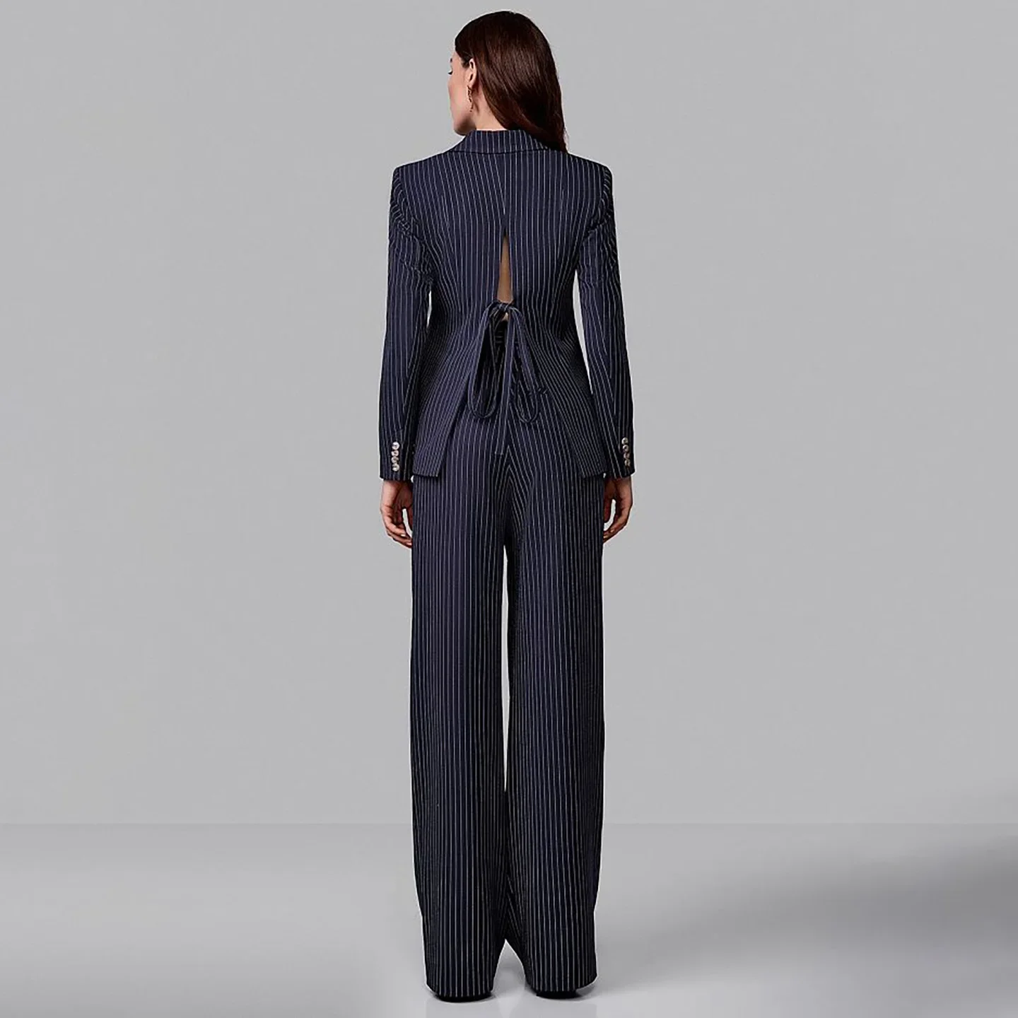 Women's striped single breasted lapel long sleeved suit 2-piece set with back slit tie business dress set slim fit design pocket