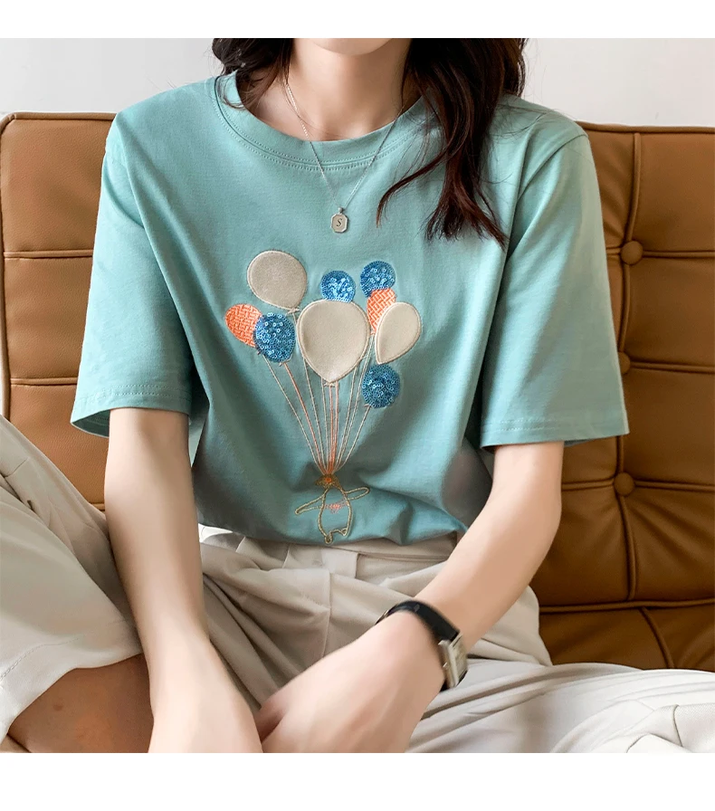 Youthful woman clothes  Summer Korean Popular Clothing Top Women's T-shirt Loose O-neck Short Sleeve Solid Color Casual Fashion