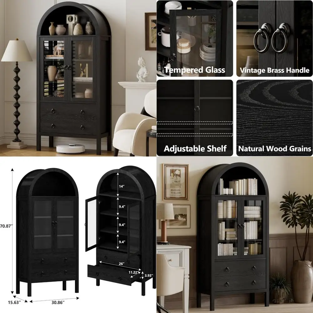 

Элегантный 71-высокий кухонный шкаф со стеклянной дверью и арочной деревянной книжной полкой и ящиками, современное хранилище для витрины