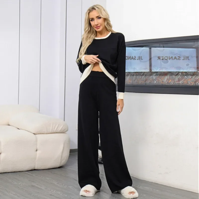 New Contrast Color Knitted 2 Piece Sets Women Outfit O-neck Long Sleeve Pullover Sweater + Wide Leg Pants Women\'s Tracksuit