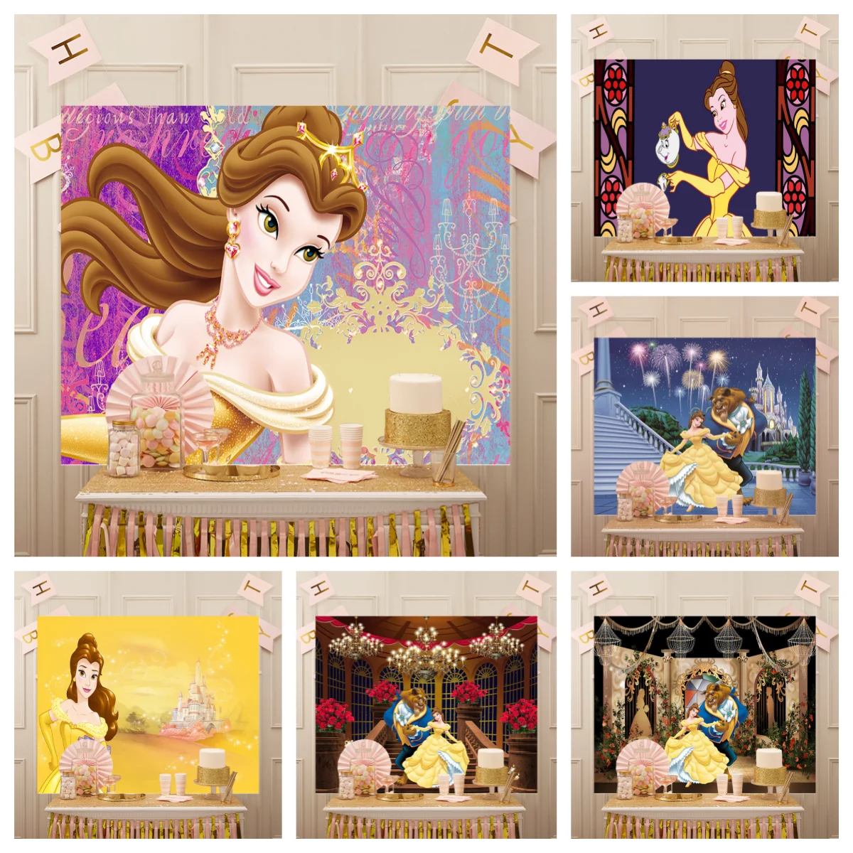 Telón de fondo de Disney para fiesta de cumpleaños de niños, cartel de fotografía de rosa dorada, accesorios de decoración de princesa, La Bella y La Bestia, Bella