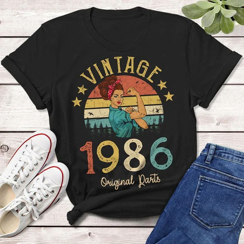 Y2k Aesthetic Summer Loose T-shirt Vintage 1986 Original Parts T-Shirt Birthday Gift Idea Women Girls Tops Daughter Retro Tees