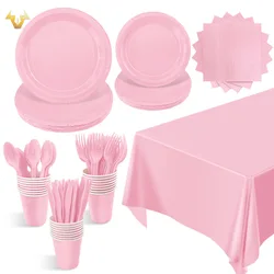 New Solid Color Party Set Light Pink Disposable Tableware Paper Cup Paper Plate Tablecloth For Kids Baby Shower Party Supplies