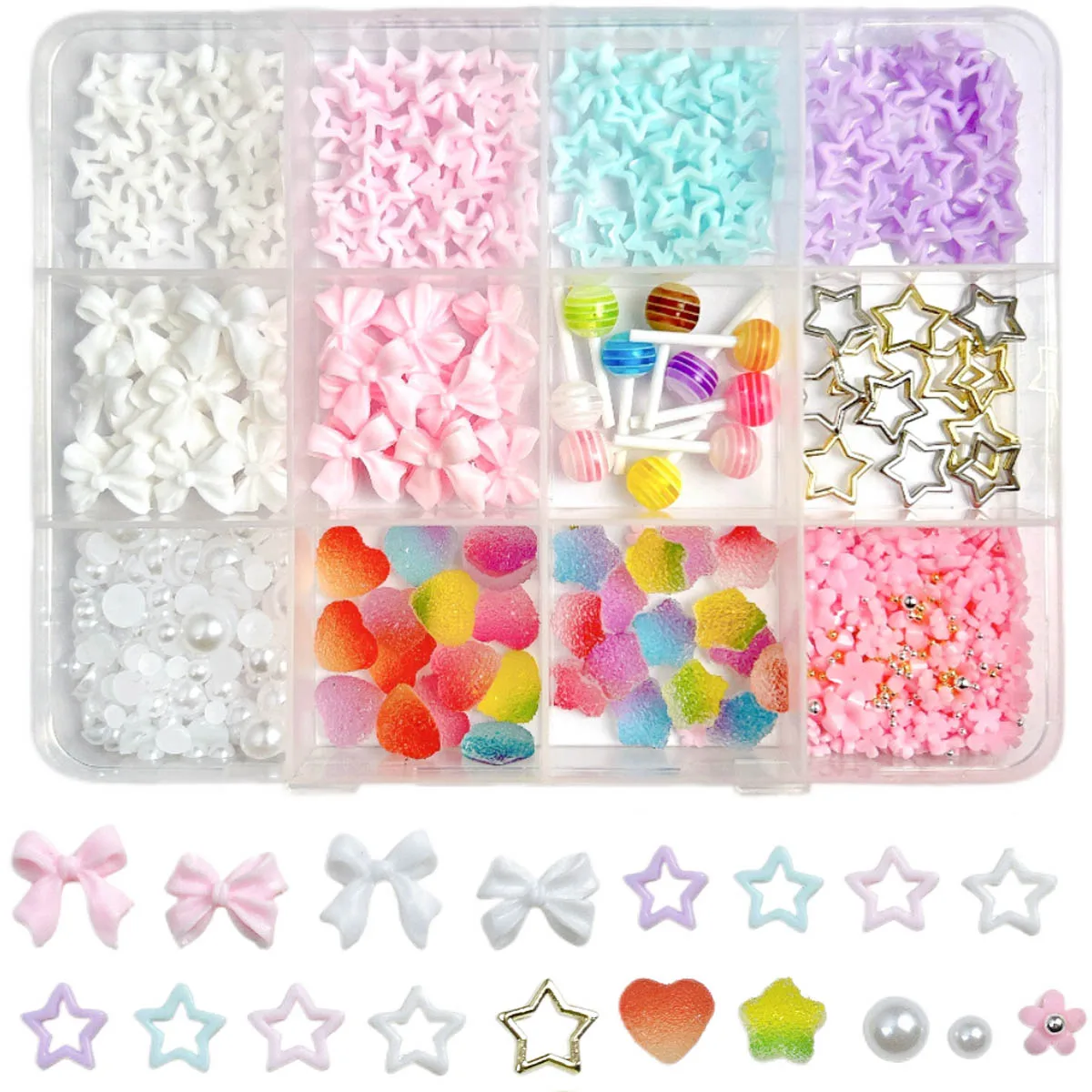 1박스 크리에이티브 프로스티드 퍼지 하트 롤리팝 레진 네일 아트 장식 3D 속이 빈 단색 별 미니 꽃 네일 참 DIY