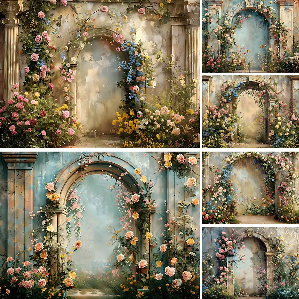 

Mocsicka Photography Background Fantasy Wonderland Vintage Arched Doorway Flower Green Leaf Fairy Princess Photo Backdrops Props