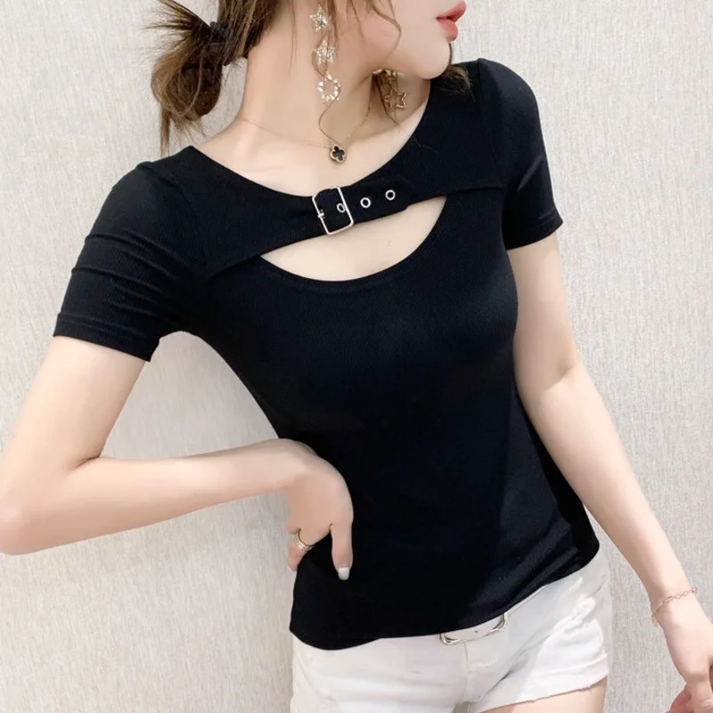 #5157 Black White Striped T Shirt Women Hollow Out Sexy Skinny T Shirt Femme Slim Korean Style Cotton Women's Tee Shirt Summer