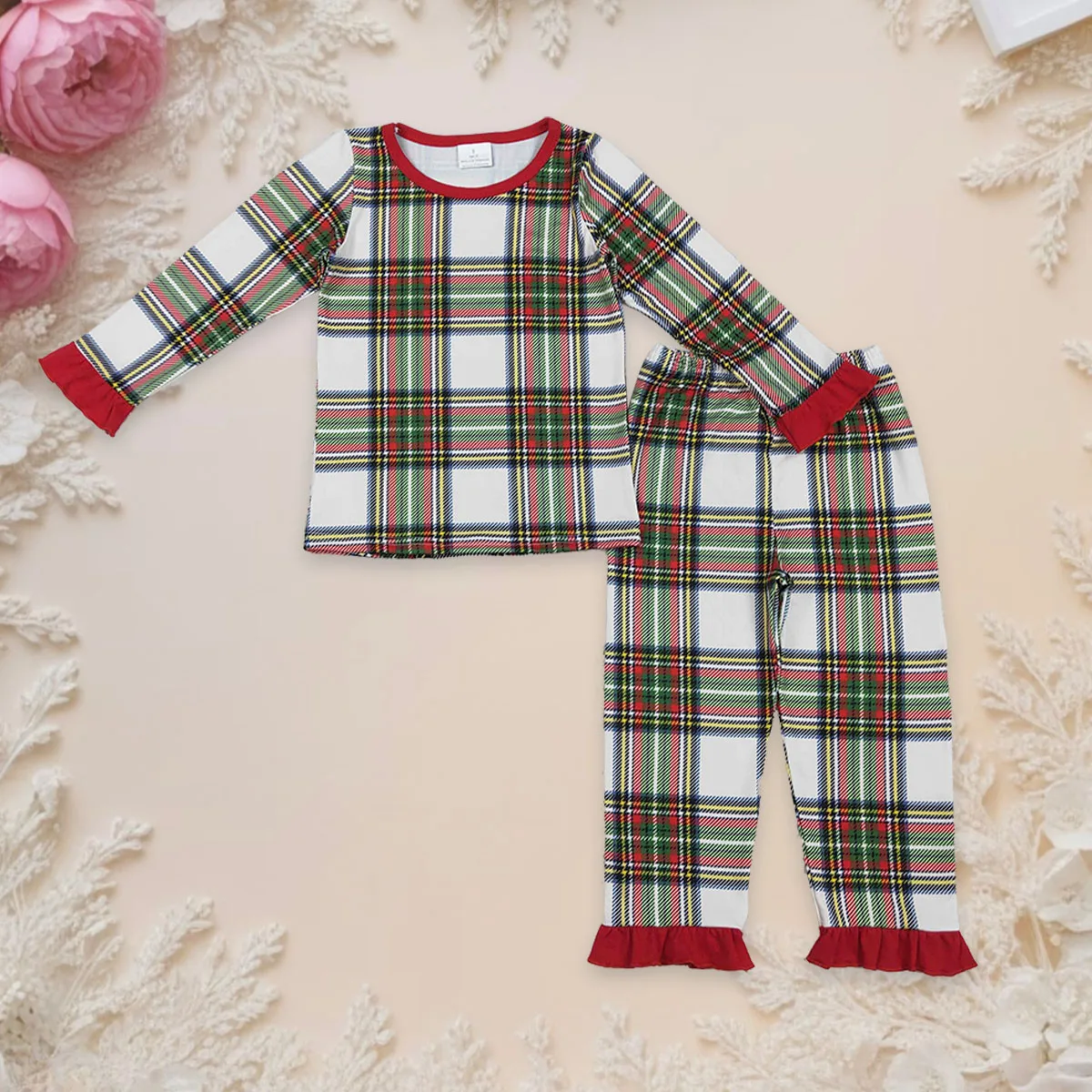

Baby Girl Kids Sleepwear Pajamas Set Christmas Toddler Green Red Checked Long Sleeves Shirt Children Pants Outfit Wholesale