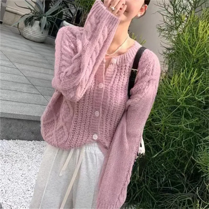 

2024 Autumn New Solid Color Round Neck Cardigan Woman Casual Loose Knitted Women's Cardigan Slim Street Chic Cardigan Y88