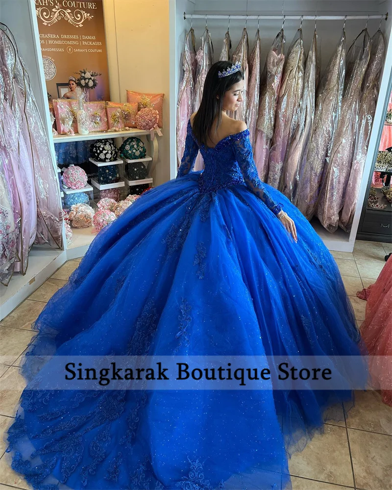 New Arrival Royal Blue Luxury Quinceanera Dresses Long Sleeves Appliques  Crystal Ball Gown Princess Sweet 16 Gowns Vestidos