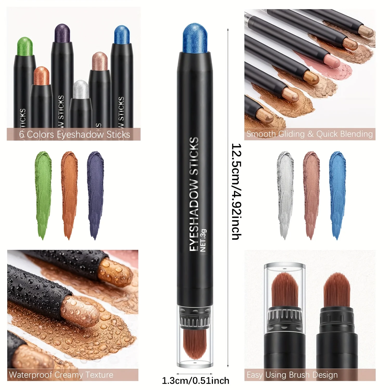 Juego de barras de sombra de ojos brillantes, maquillaje de sombra de ojos resaltador impermeable de larga duración, barras de sombra de ojos con brillo con cabezal de cepillo suave