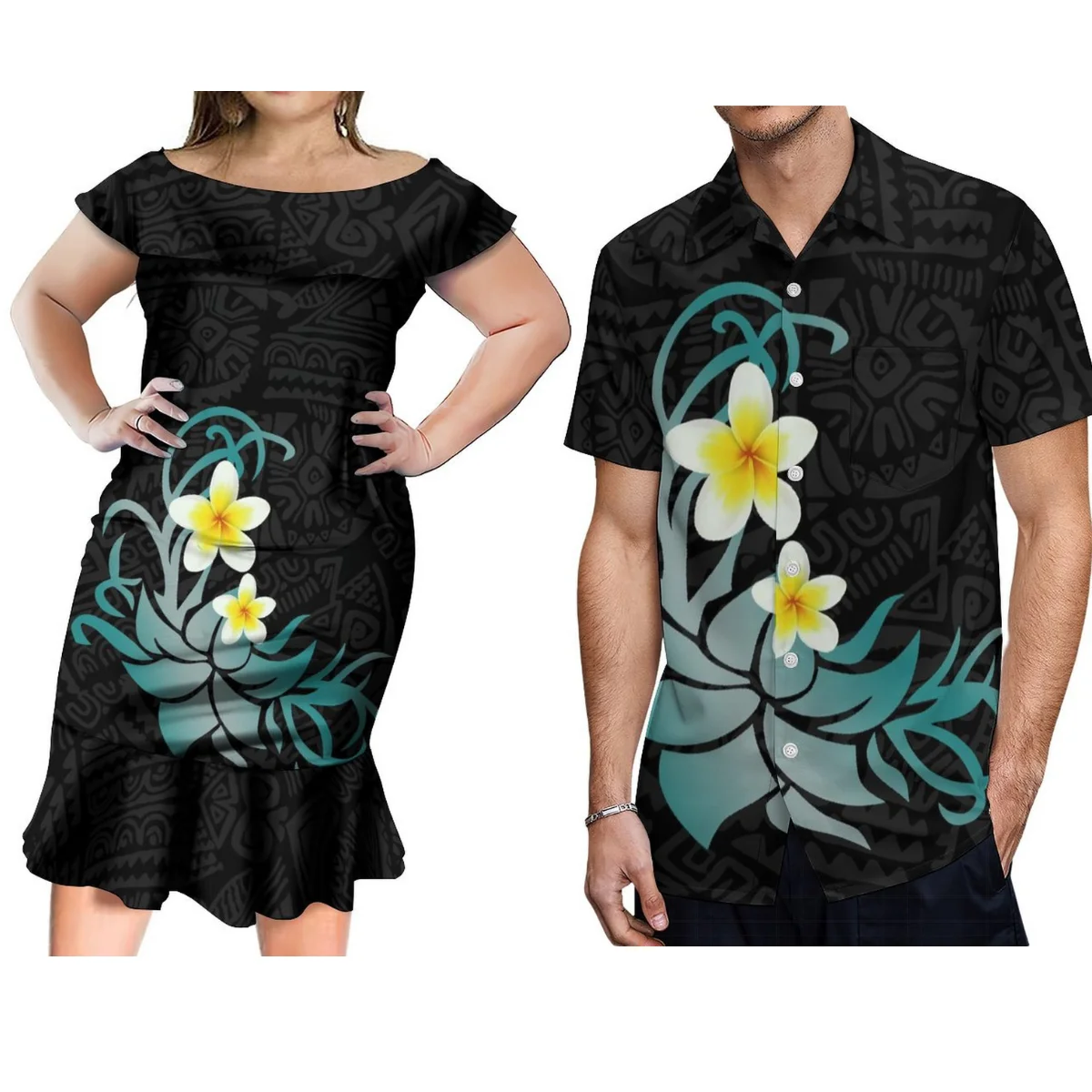 Midi Party Couple Set Custom Samoan Fijian Dress Pacific Island Print Women'S Off-The-Shoulder Dress With Men'S Shirt Summer