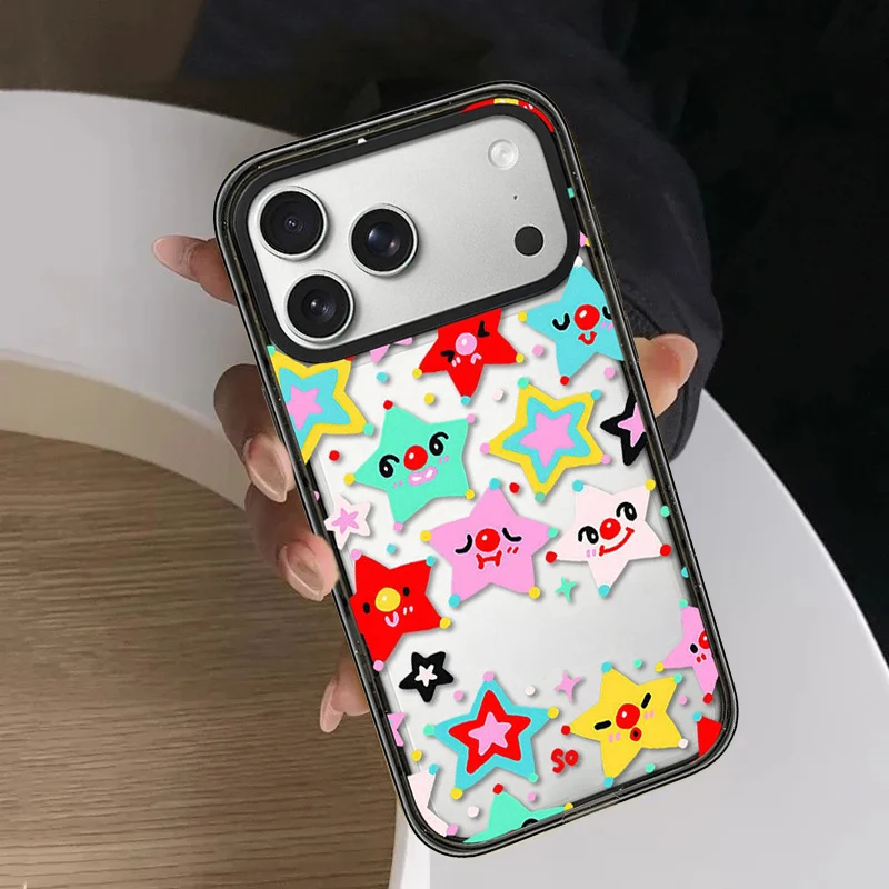 Colorful Smiling Stars Impact Black Border Magnetic Phone Cover for IPhone 12 13 14 15 16 17 Pro Max Case for IPhone 17 Air