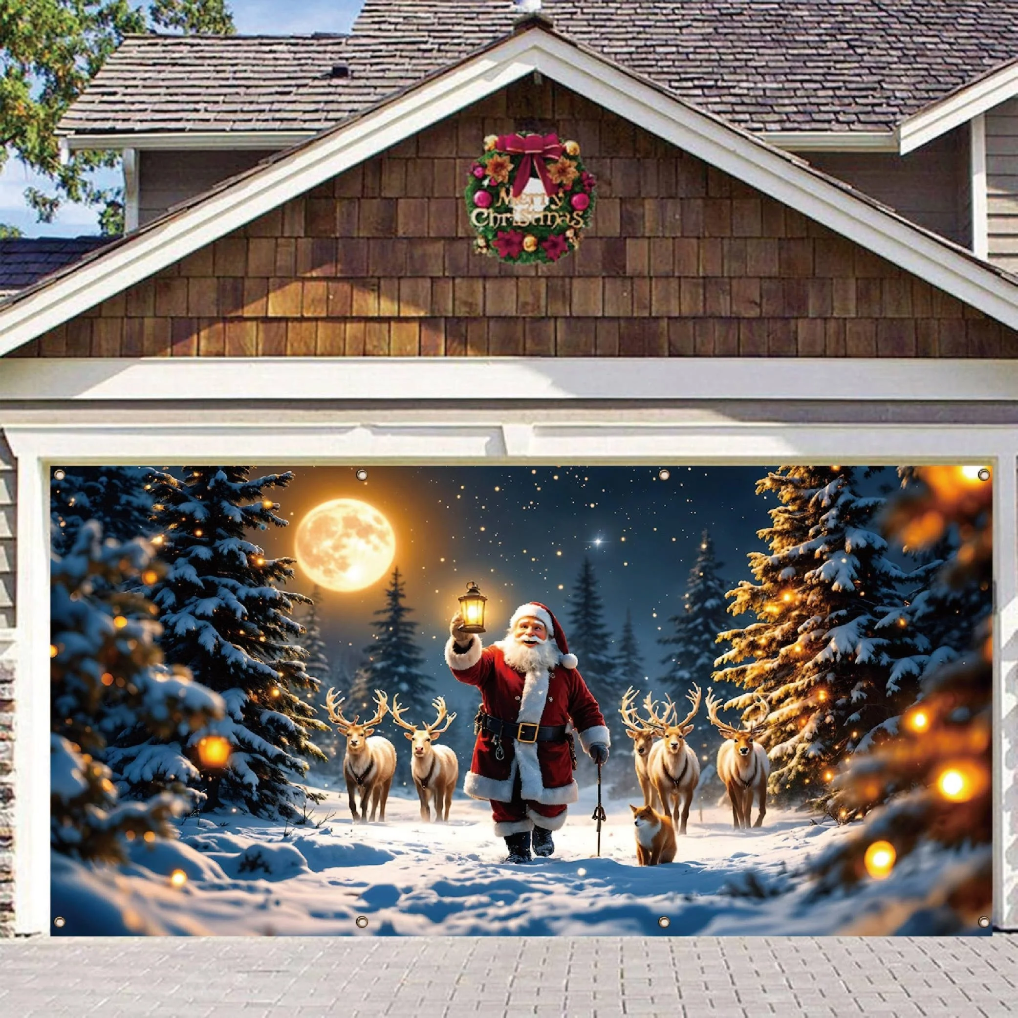 1-banniere-de-garage-de-noel-pere-noel-avec-renne-et-chats-vue-nocturne-pleine-lune-decoration-de-vacances-exterieure-interieure