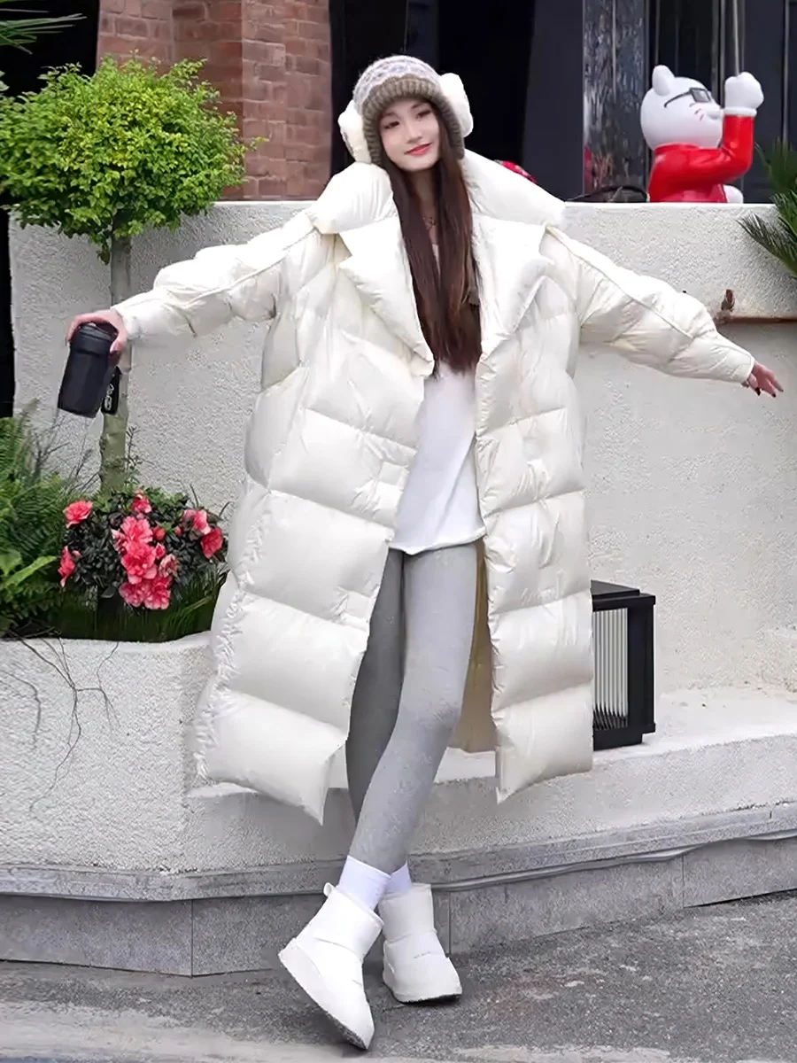 Abrigo Largo de Plumón para Mujer, Forrado, con Cuello Grande, Estilo Moderno, por Encima de la Rodilla, Color Blanco, Abrigo Cálido de Plumón