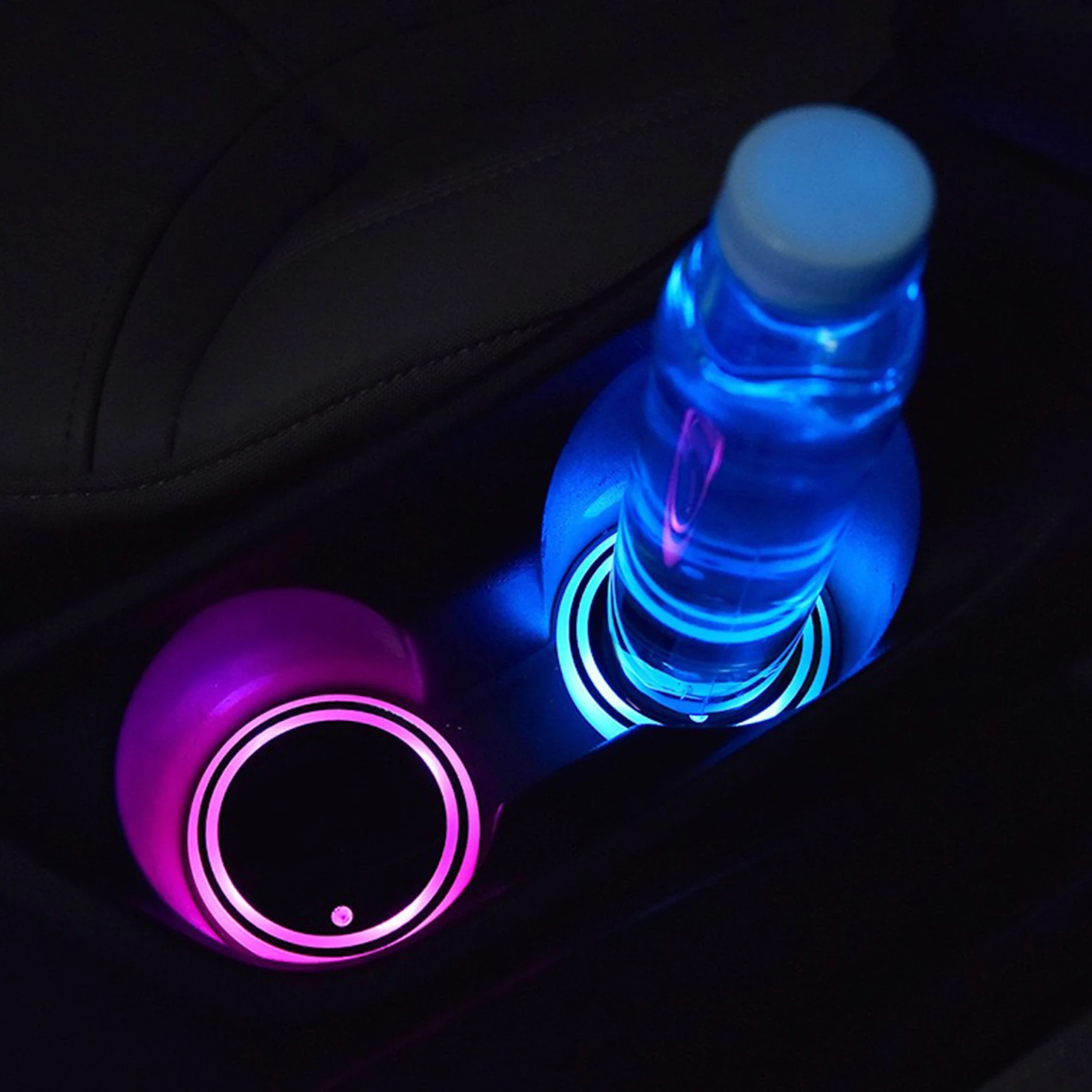 2 Pcs Car Led Cup Holder Coaster with 7 Color Lights USB Charging Luminous Cup Pad Interior Atmosphere Lamp Decoration Light