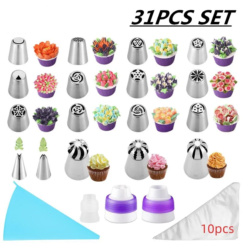 31pcs Russian Cream Cake Piping Nozzle Set Home Kitchen Baking DIY Cake Decorating Tool Flower Frosting Pipe Nozzle Pastry Bags