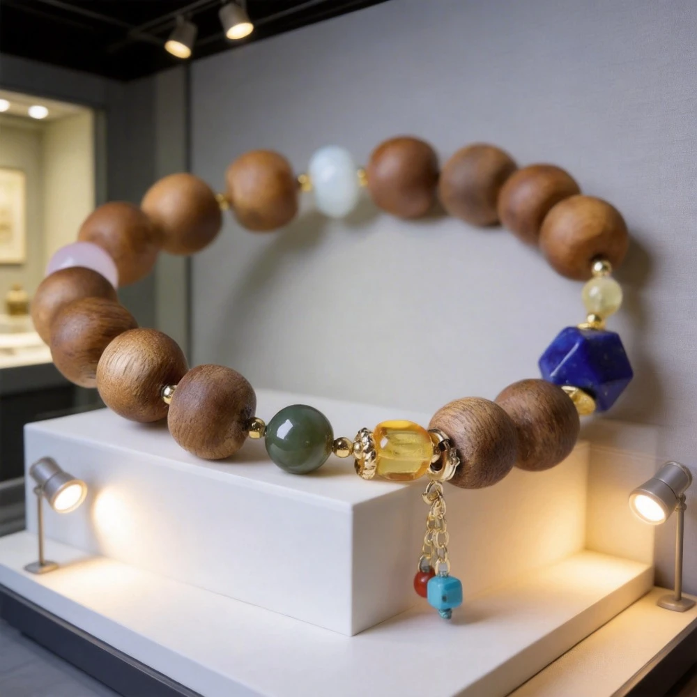 

Handmade Huangqi Nan Agarwood Lantern Bead Bracelet with Lapis Lazuli and Amber Chinese Style Beaded Bracelet Gifts