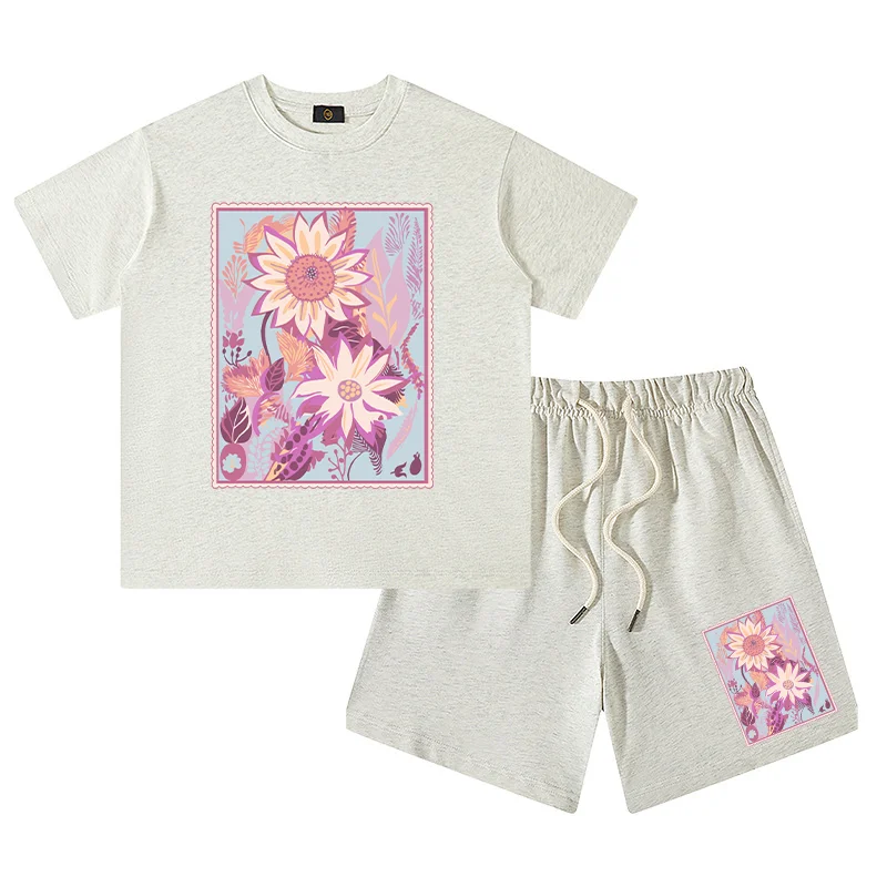 Summer Kids Clothes Girls T-shirt Set Designer Short sleeved Child Top Cute Butterfly Cat Print Casual Vacation Tees Shorts Suit