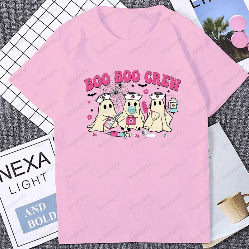 Halloween Nurse Kawaii Boo Boo Ghost Graphic Printed Retro Women T-shirt Casual Fashion Loose Harajuku Hip Hop Man T Shirt