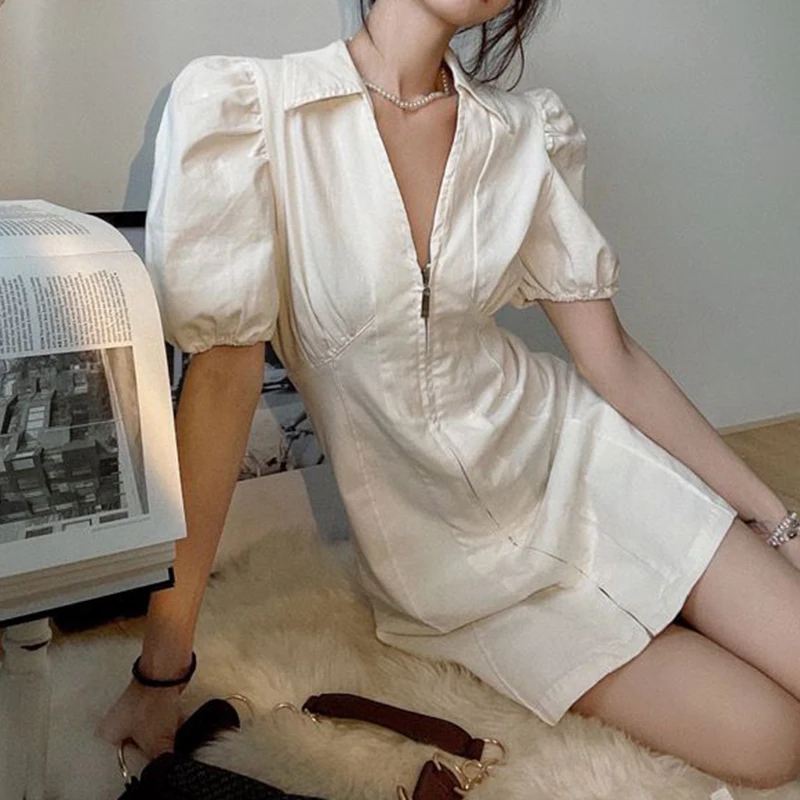 

French high-end luxury V-neck bubble sleeve white dress new women's summer vestidos de mujer