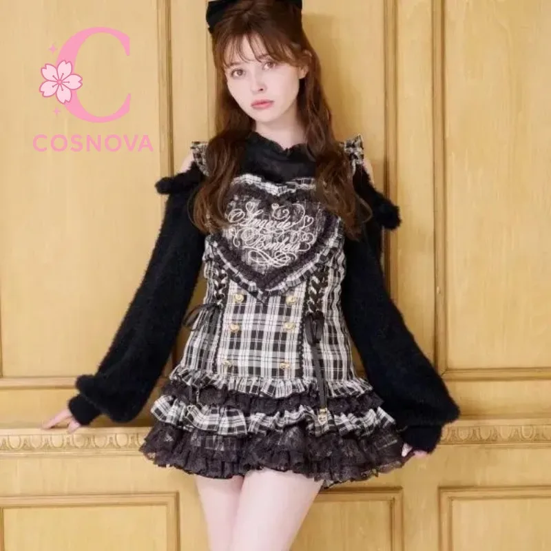 

Sweet Japanese Lolita Plaid Lace Heart Embroidery Jumper Dress with Skirt 2 piece Set Cute Kawaii Mass Produced Style Princess