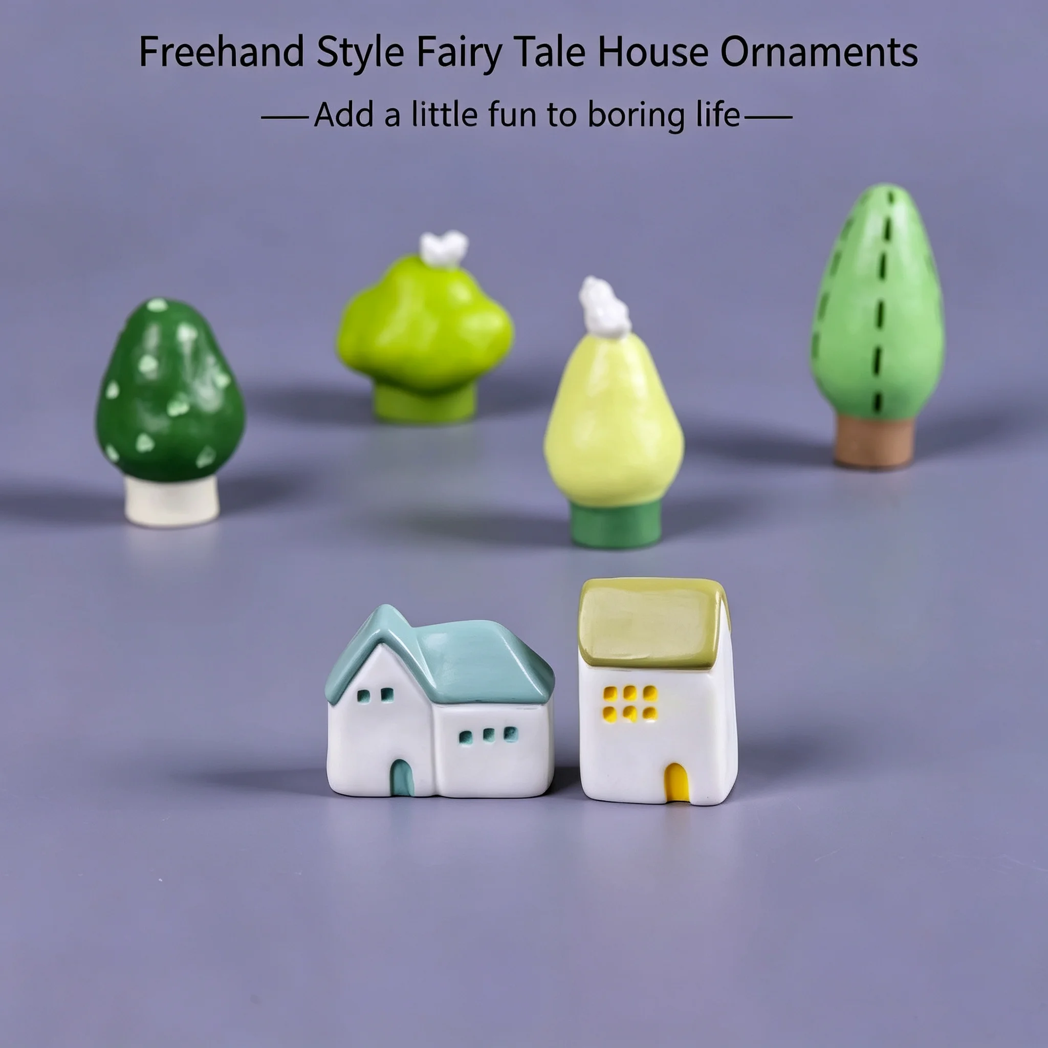 11pcs Freehand Style Fairy Tale House & Tree Resin Figurines - Miniature Garden Decor for Moss Terrariums & Desktop