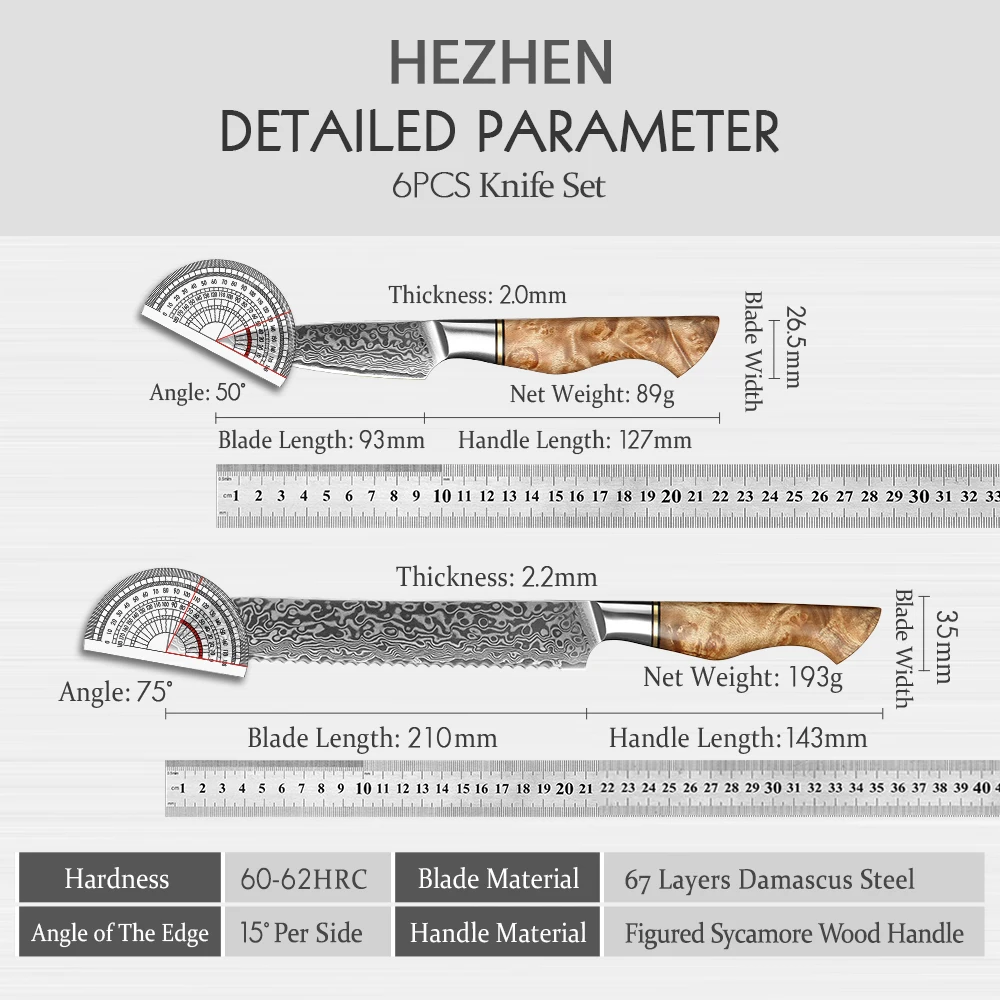 HEZHEN 5 To 6PC Kitchen Knife Set Professional Damascus Super Steel Chef Paring Santoku Sharp Cook Kitchen With Magnetic Holder