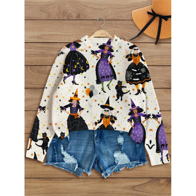

Halloween Black Cat Dancing Party Pattern Digital Print Women Sweater Knit Pullover Warm Soft Loose Crew Neck Long Sleeve Autumn