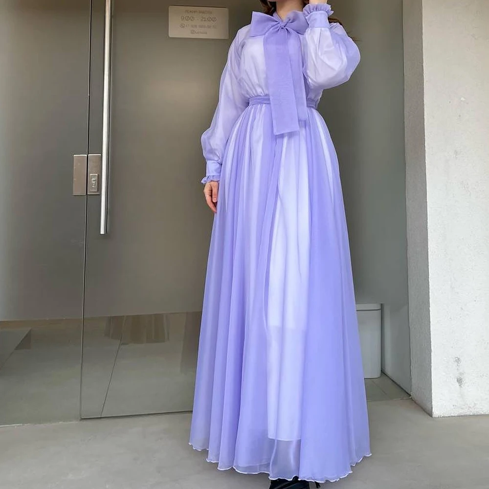 Fairy Garden Wedding Dress O-neck Tulle Long Sleeves A-Line Exquisite Sweep Train Bow Photo Color Floor Length Saudi Arabia 2024