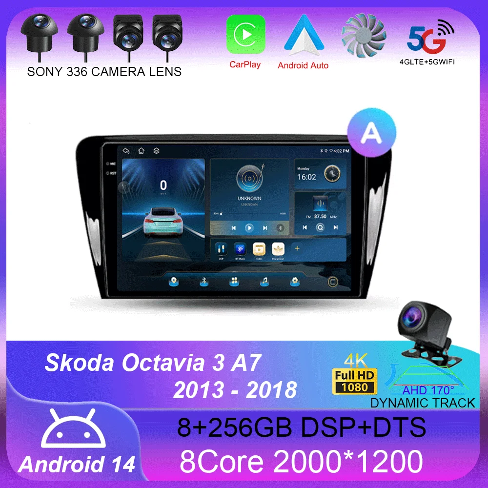 For Skoda Octavia 3 A7 2013 - 2018 Android 14 Carplay Auto 4G+WIFI GPS Car Radio Navigation Multimedia Video Player Stereo BT