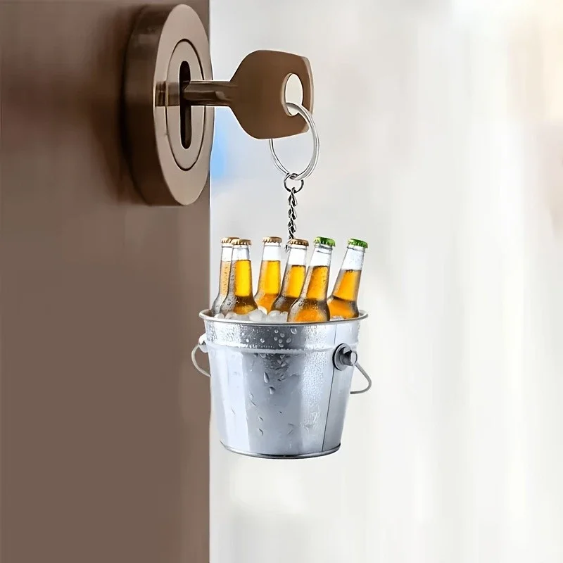 2D Flat Acrylic Ice Bucket Keychain Set of 2, Beer Bottle Print Key Ring, Creative Car Bag Pendant Bar Party Gift Decor