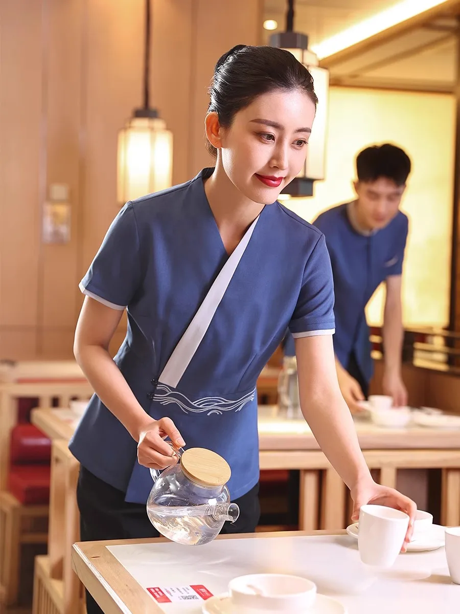 2023 Free Shipping Hotpot Store Waiter Work Shirt+Pants Overalls Chinese Restaurant Waitress Short Sleeve Uniform Set Wholesales