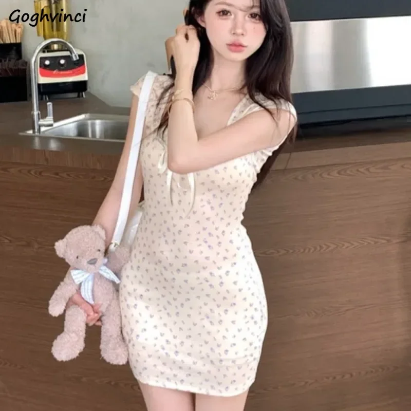 

Skinny Floral Dresses for Women Mini Ins Sexy Casual Korean Style Fashion All-match Young High Street Summer Clothing Soft Chic