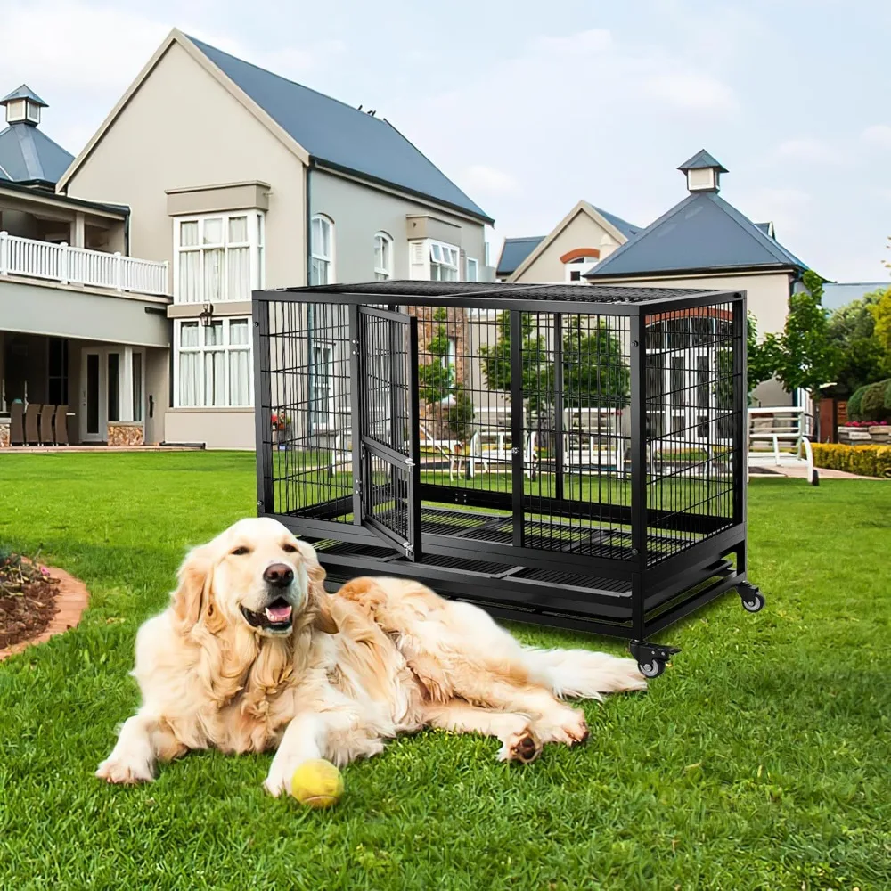 Heavy duty dog cage, indestructible dog cage for high escape proof dog cage, double door design with wheels and removable tray