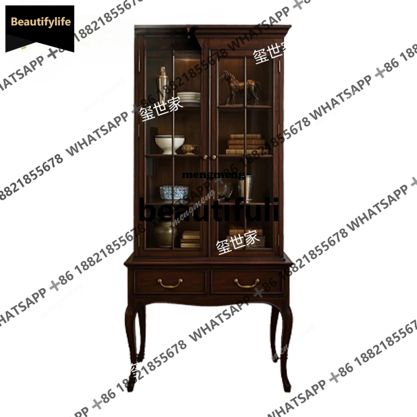 

D80 Книжный шкаф из цельного дерева в американском стиле ретро, витрина со стеклянной дверью для гостиной, шкафчик