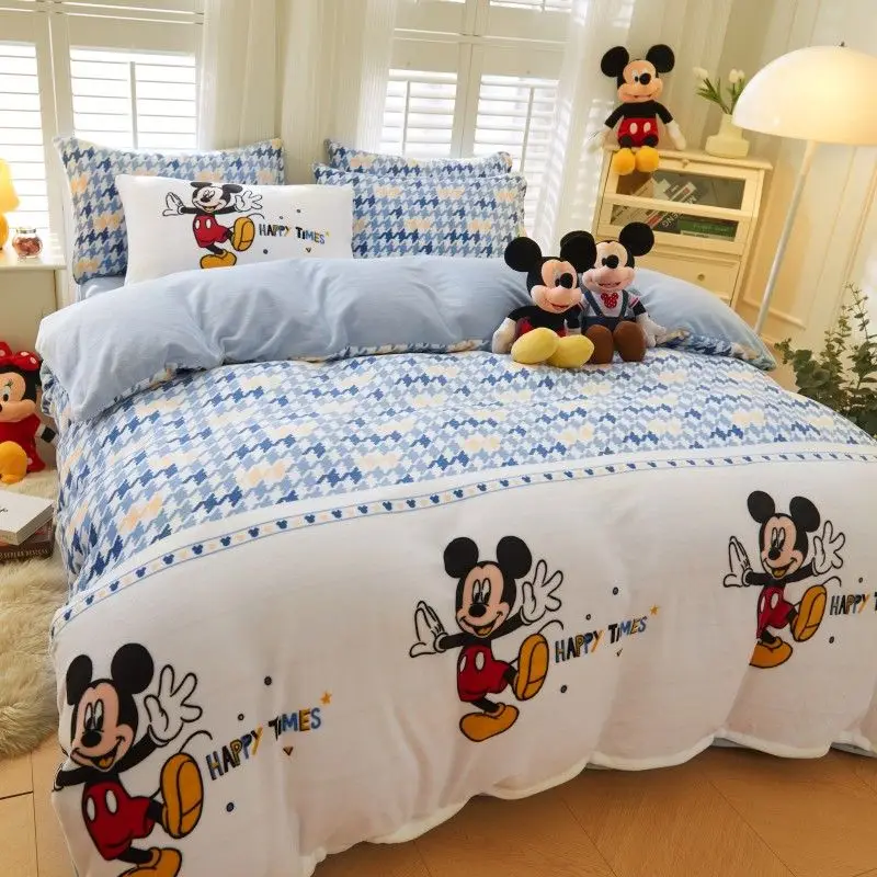 Mickey Minnie Daisy Lotso Pooh Bear personalized cartoon print comfortable milk velvet bed sheet and quilt cover four-piece set