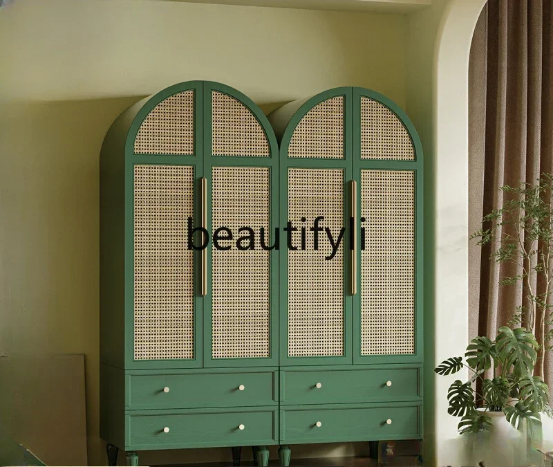 Dark green rattan wardrobe bedroom arched double door high wardrobe home American retro bed and breakfast furniture D80
