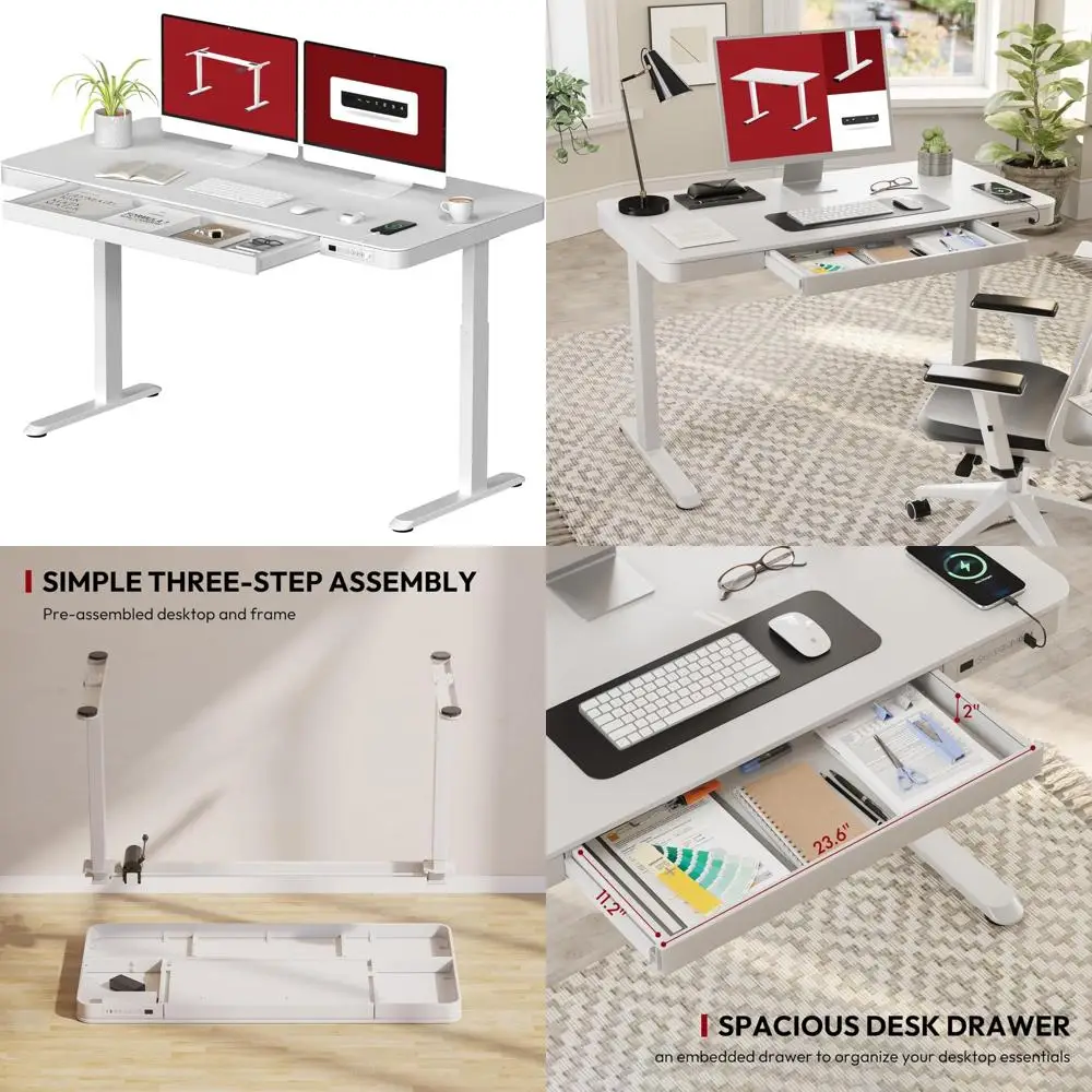مكتب قائم كهربائي قابل للتعديل مع أدراج تخزين ومنافذ USB، 55 سطح خشبي أبيض للمكتب المنزلي #1