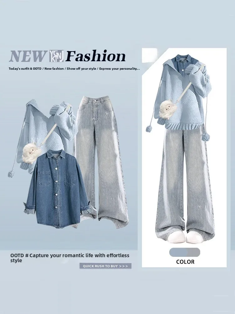 الشتاء كلية Sle محبوك قبعة مجموعة مع الدنيم irt وسراويل واسعة الساق ضئيلة المحملة قطعة مجموعة المرأة Faion الزي غير الرسمي