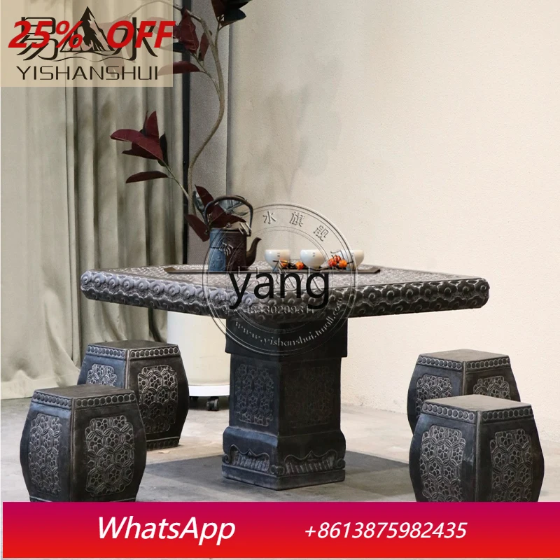 LMM Stone Table and Stool Set for Courtyard, Antique Style Outdoor Zen Decorative Stone Table Ornament