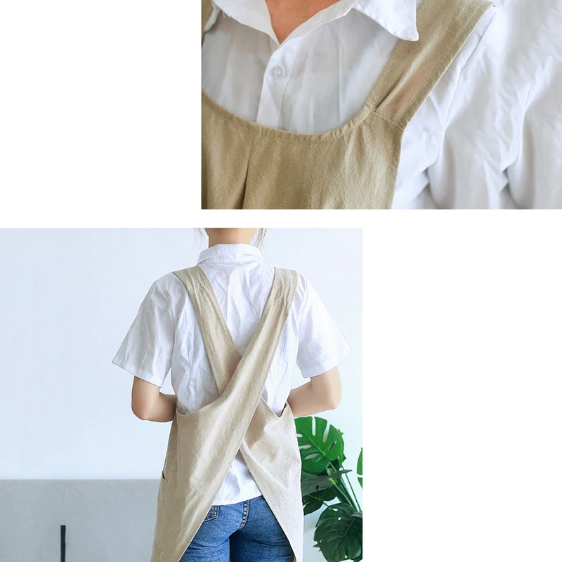 Waterproof Women Cotton Linen Cross Back Apron Japanese Housework Kitchen Cooking Double Pocket Apron Florist Working Apron