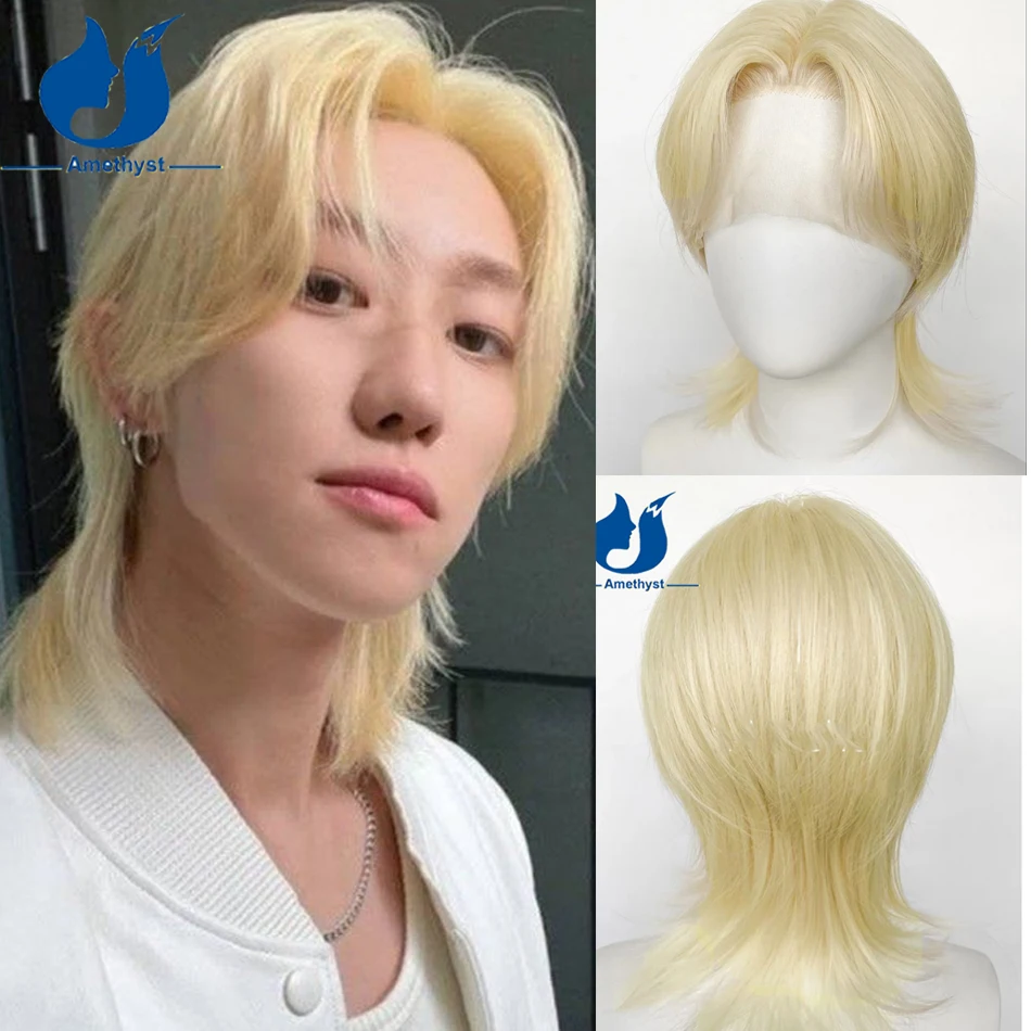

Amethyst Men's Blonde Straight Wolf Cut Mullet Bob Wig 13x4 Lace Frontal Wig Remy Human Hair Pre Plucked 613 Color Straight