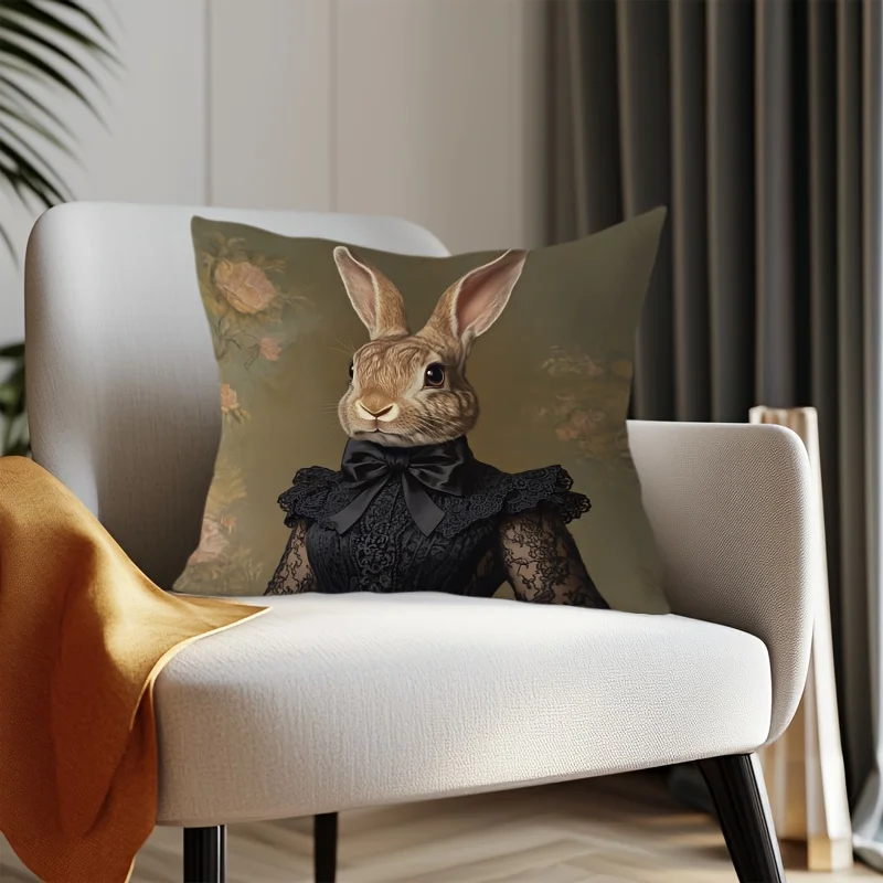 1pc Vintage Victorian Style Lady Rabbit Throw Pillow Cover,Suitable for Sofa,Bedroom,Living Room,a Unique Gift for Animal Lovers