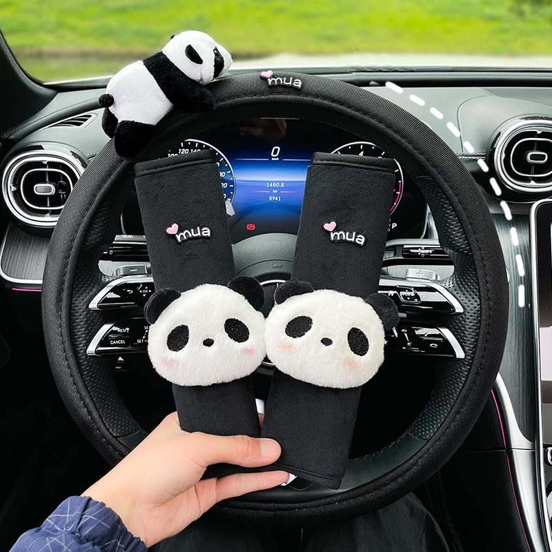 Cute Cartoon Panda Doll Ice Silk Universal Car Steering Wheel Covers Sets Auto Interior Accessories Seat Headrest Neck Pillow