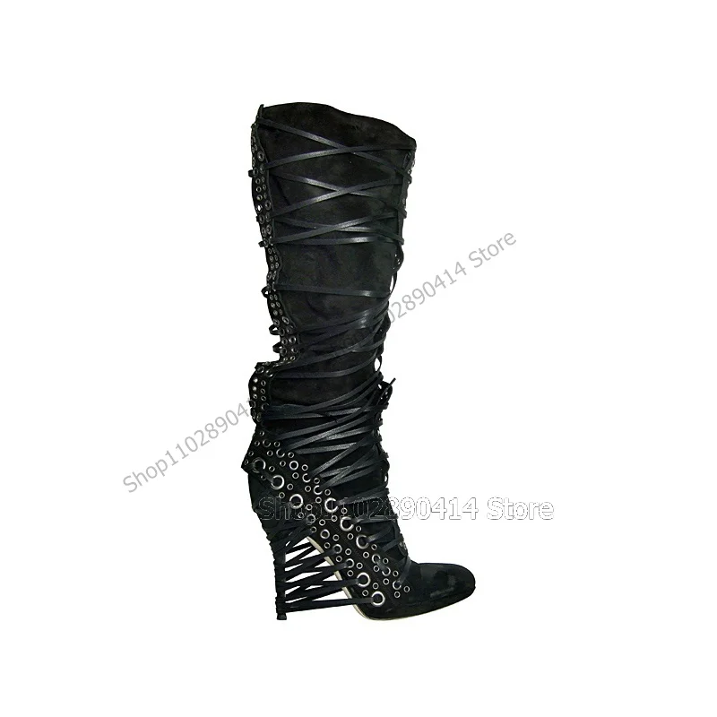 Botas de cuero con tiras y decoración de Metal Para mujer, Zapatos de media pantorrilla, tacones altos finos, Sexy, pasarela, 2023