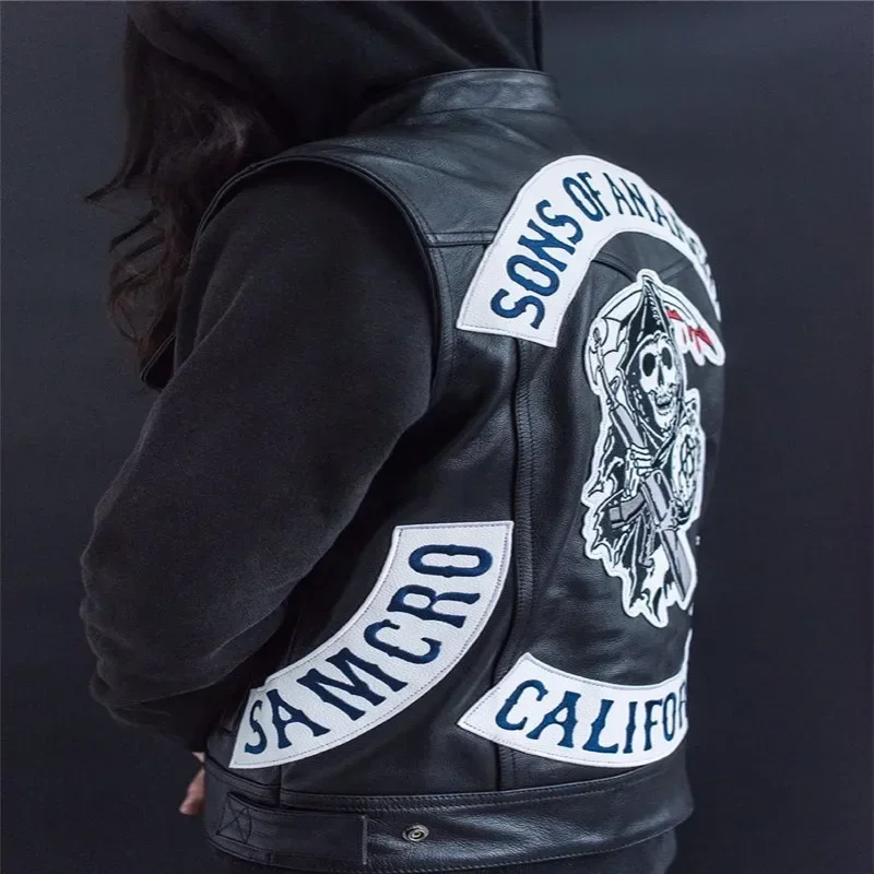 Sons Of Anarchy Embroidery Leather Rock Punk Vest Cosplay Costume Black Color Motorcycle Sleeveless Jacket