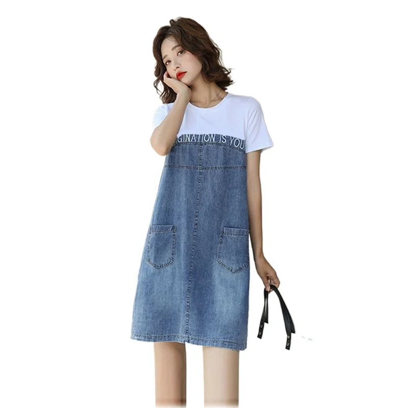 

T-shirt Splicing Denim Dress Summer New Korean Version Loose Large Size Thin Temperament Skirt Fake Two Pieces Simple Commuting