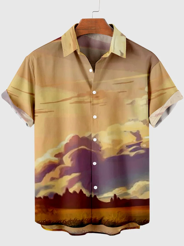 Camiseta estampada de cacto masculina, camisa de praia havaiana, paisagem natural, vintage, moda casual, verão