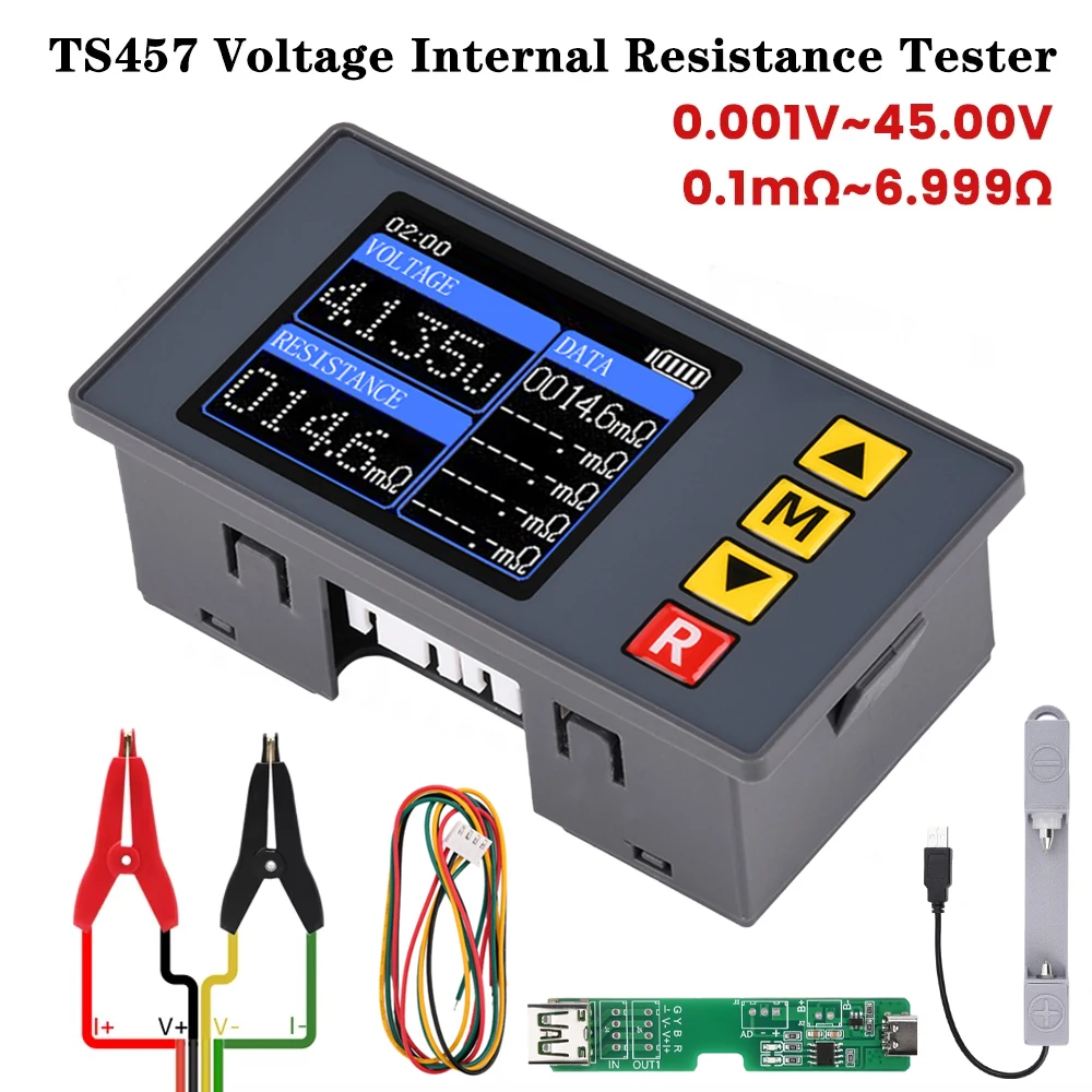 TS457 DC5V Tester di resistenza interna di tensione Rilevatore AC 4 fili Voltmetro regolabile Strumento analizzatore batteria con clip Kelvin